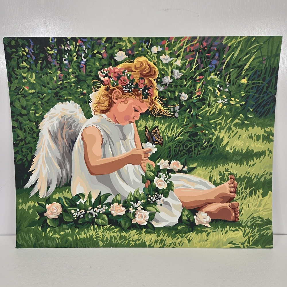 Darling Angel Finished Acrylic Painting Paint By Number 20x16 VTG Religious‎